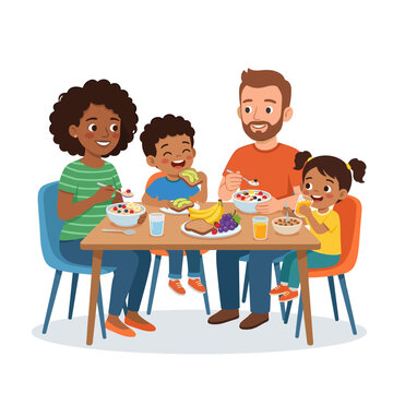 Multiracial family eating healthy breakfast together at a table