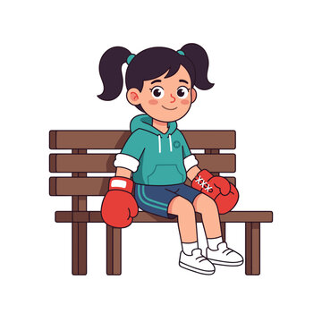 Young girl sitting on a bench wearing boxing gloves and smiling