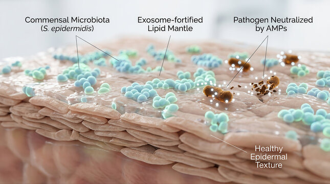 Illustration of Skin Microbiome and Health, featuring exosome serum, commensal microbiota, skin health, exosome-fortified lipid mantle, pathogen neutralization