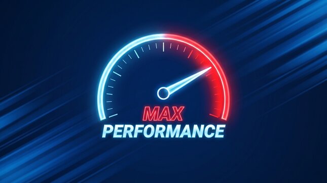 Max performance speedometer concept vector illustration. Glowing neon speed gauge with indicator arrow on dark blue motion background. Digital speedometer graphic for business growth.
