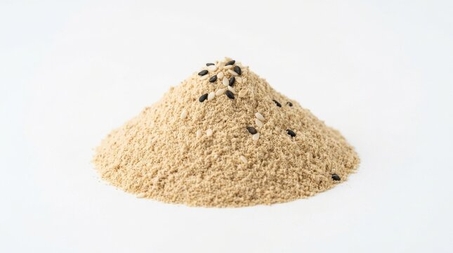 Neatly shaped pile of ground spice with seeds on white background