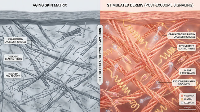 Comparison of Aging Skin Matrix and Stimulated Dermis, featuring exosome serum, collagen bundles, elastin fibers, ecm density, fibroblasts, skin health
