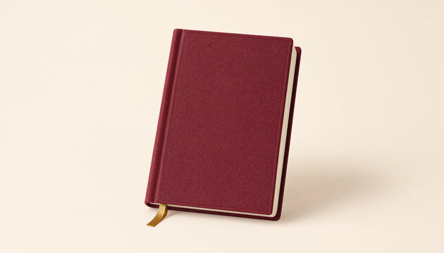 Maroon hardcover notebook standing upright on beige surface with gold bookmark concept for journaling or planning