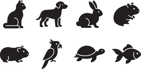 Obraz premium Domestic pet silhouettes black icon set for veterinary clinics animal care and pet store branding.