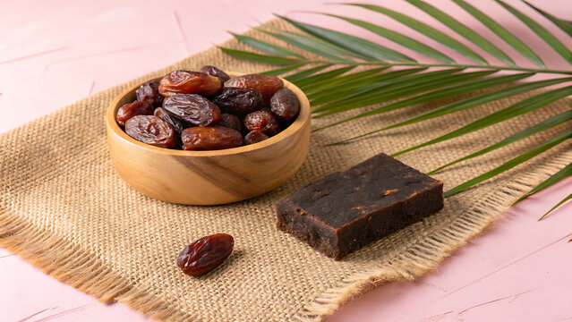 Dried dates in a wooden bowl with a date paste block on a burlap mat with palm leaf