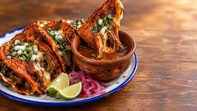 Crispy birria tacos with melted cheese, cilantro and consome dipping broth on a rustic table