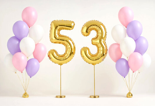 Golden foil number fifty three balloons celebration decoration setup