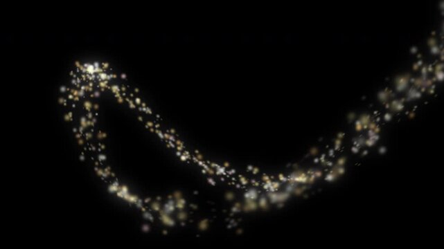 Golden magic dust particles streaming along a glowing ribbon trail on black background. Seamless loop overlay with alpha channel for wedding, beauty, Christmas and fairy tale titles.
