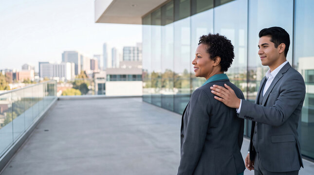 Two diverse colleagues on modern office balcony looking at city skyline. Corporate support and mentorship