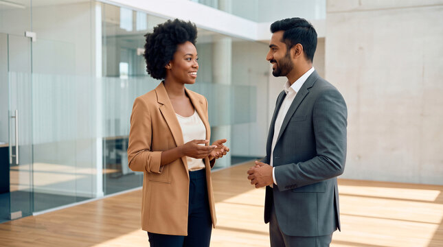Diverse business managers talking in a modern office hallway. Corporate communication and professional partnership concept