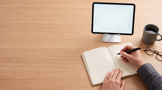 Person writing in notebook on wooden desk with blank tablet and coffee. Work from home, online study or freelance concept