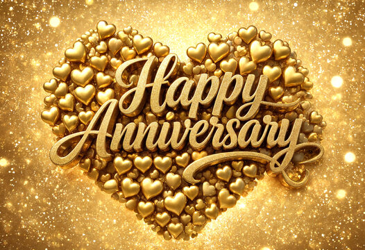 Golden hearts anniversary celebration design with sparkles background
