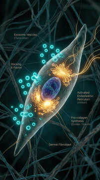 Cellular Processes and Structures, featuring exosome serum, biology, fibroblast, exosomes, endoplasmic reticulum, docking, fusion, collagen synthesis, turquoise
