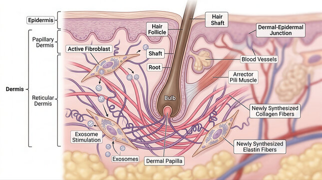 Human Skin Structure and Components, featuring exosome serum, epidermis, hair follicle, active fibroblast, blood vessels, exosomes, collagen fibers, elastin fibers