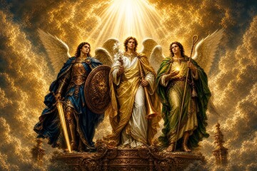 Fototapeta premium Archangels Michael, Gabriel and Raphael standing together in golden celestial light