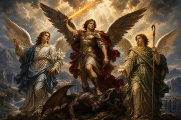 Obraz premium Archangels Michael, Gabriel and Raphael standing together in divine celestial glory