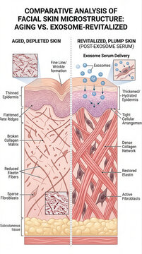 Comparative Analysis of Facial Skin Microstructure, featuring exosome serum, aging, skin health, rejuvenation, wrinkle formation, epidermis, cellular arrangement
