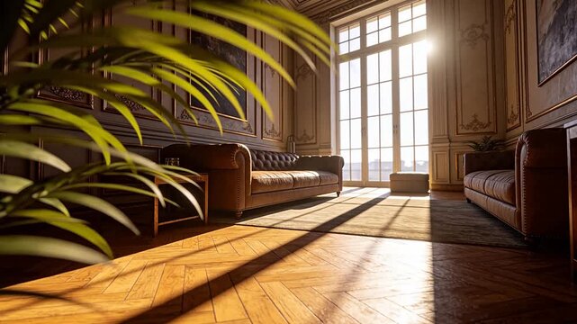 Classic luxury living room with brown leather sofas and sunlight through windows