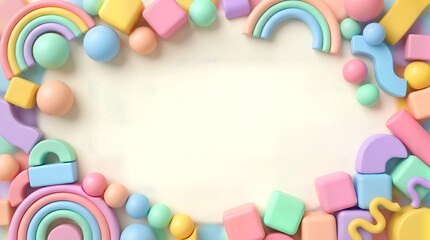 Fototapeta premium Pastel toy blocks and rainbows frame with center copy space