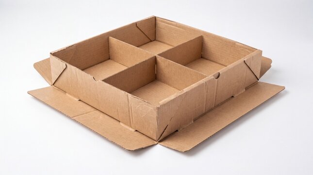 Brown cardboard divider box open with four compartments on white background