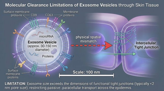 Exosome Vesicle Transport Limitations in Skin Tissue, featuring exosome serum, vesicles, molecular clearance, proteins, tight junctions, microrna, dimensions