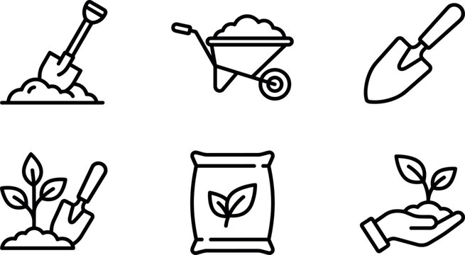 Gardening tools and plant care line icon set with shovel wheelbarrow trowel fertilizer bag and sprout in hand vector symbols