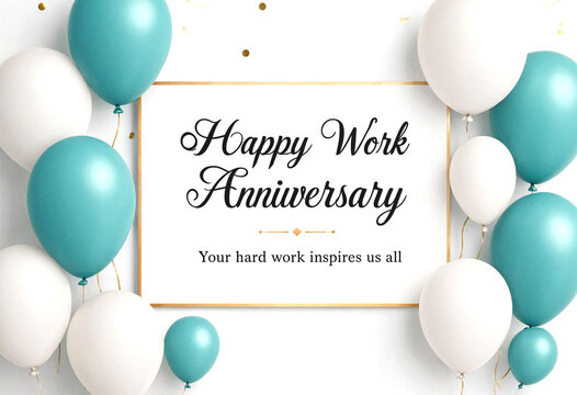 Happy work anniversary celebration with colorful balloons and greeting card