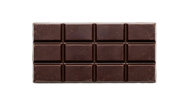 A dark chocolate bar divided into squares, ready to be enjoyed PNG isolated Transparent or white Background