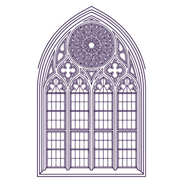 Gothic architecture cathedral window vector illustration with intricate stone tracery and a circular rose window design
