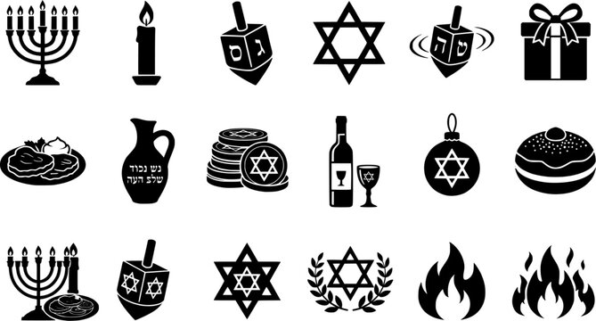 Hanukkah Jewish holiday vector black silhouette icon set including menorah candelabra, Star of David, dreidel spinning top, oil lamps, candles, and decorative lanterns isolated on white background