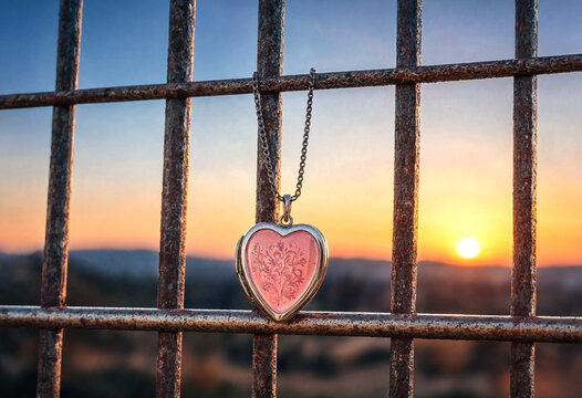 Heart shaped locket pendant hanging on rusted metal fence at sunset