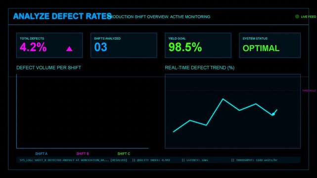 Digital dashboard with defect rate monitoring, manufacturing quality control analytics, performance metrics, data visualization, industrial technology interface