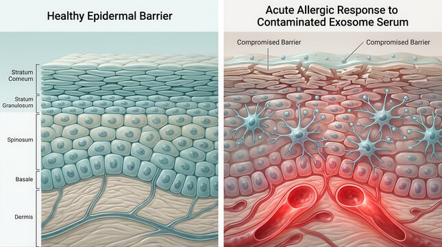 Comparison of Healthy Epidermal Barrier and Allergic Response, featuring exosome serum, epidermis, skin barrier, healthy skin, allergic reaction, immune response