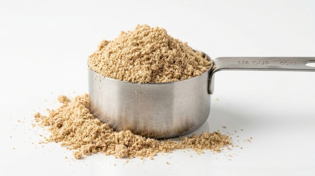 Ground sesame seeds in quarter cup measuring spoon with spilled