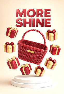 Red woven basket surrounded by floating gift boxes more shine celebration design
