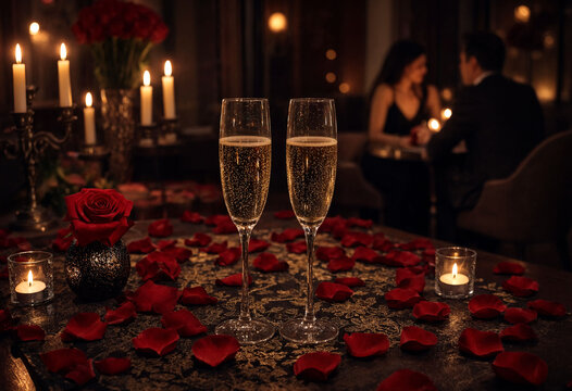 Romantic candlelit dinner with champagne glasses and rose petals