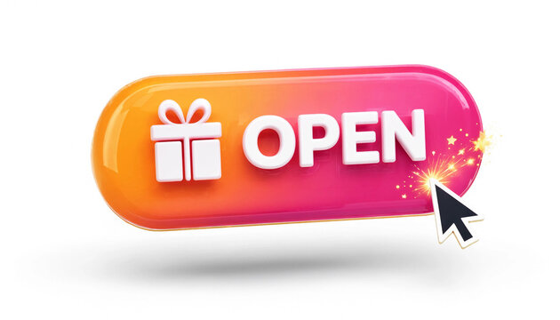 Open button with gift icon and cursor click effect for promotion or reward concept
