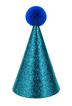 Shimmering Party Hat with Blue Pom Pom Isolated on Clear Background
