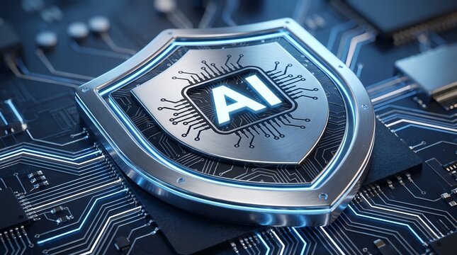 AI security shield emblem with glowing letters on a complex circuit board background symbolizing artificial intelligence protection and cybersecurity