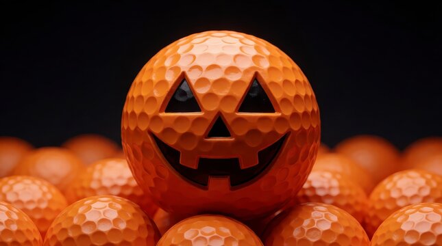 Orange golf ball designed as a jack-o-lantern face sitting among a pile of golf balls on black