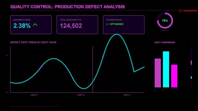 Digital dashboard showing quality control and production defect analysis with animated line graph and statistical bar charts
