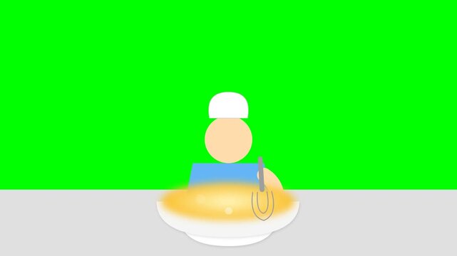 Animated chef kneading dough in kitchen.