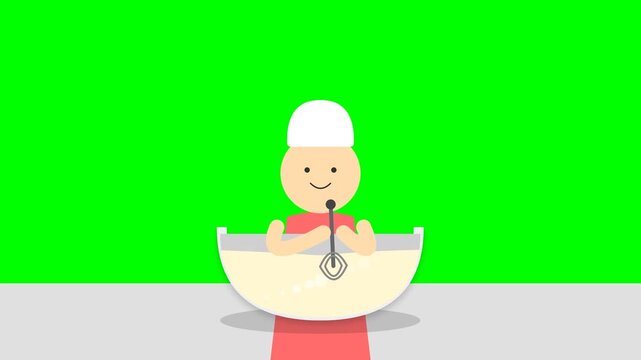 Animated chef character mixing batter in bowl.