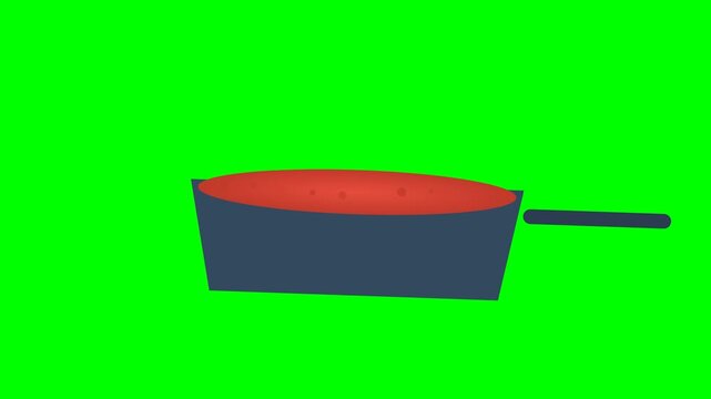 Animated kitchen scene showing pot cooking and ingredients on green screen.