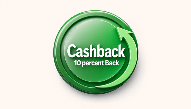 Cashback concept with green circular button showing 10 percent back and return arrow symbol