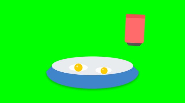 Animated salt shaker pouring salt onto fried eggs in pan.