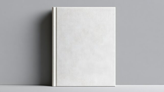 A blank white fabric cover book stands upright against a grey wall. Perfect mockup template for branding and publishing design.