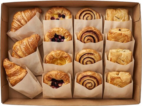 Assorted fresh pastries and sweet cinnamon rolls in a cardboard box for a delicious breakfast snack. pastry delivery wraps