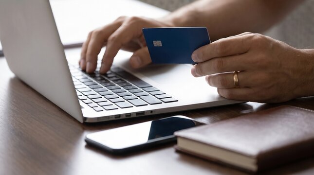 Person holding credit card and typing on laptop for online shopping or digital payment