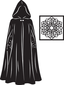Hooded cloak silhouette with geometric snowflake ornament frame for winter fantasy costume designs.
